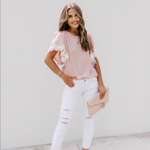 SPRING THING SATIN LACE FLUTTER SLEEVE TOP